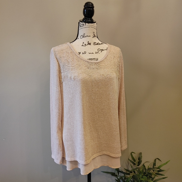 ADIVA Womens blush lace long sleeve blouse sweater with split open back  size L - Picture 2 of 7